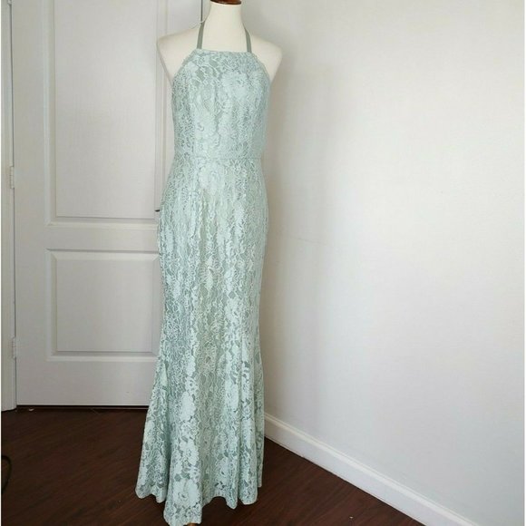 Lulu's Maxi Dress Gown sz  M Lace Green Sage Halter Every Memory Prom Mermaid - Picture 3 of 11